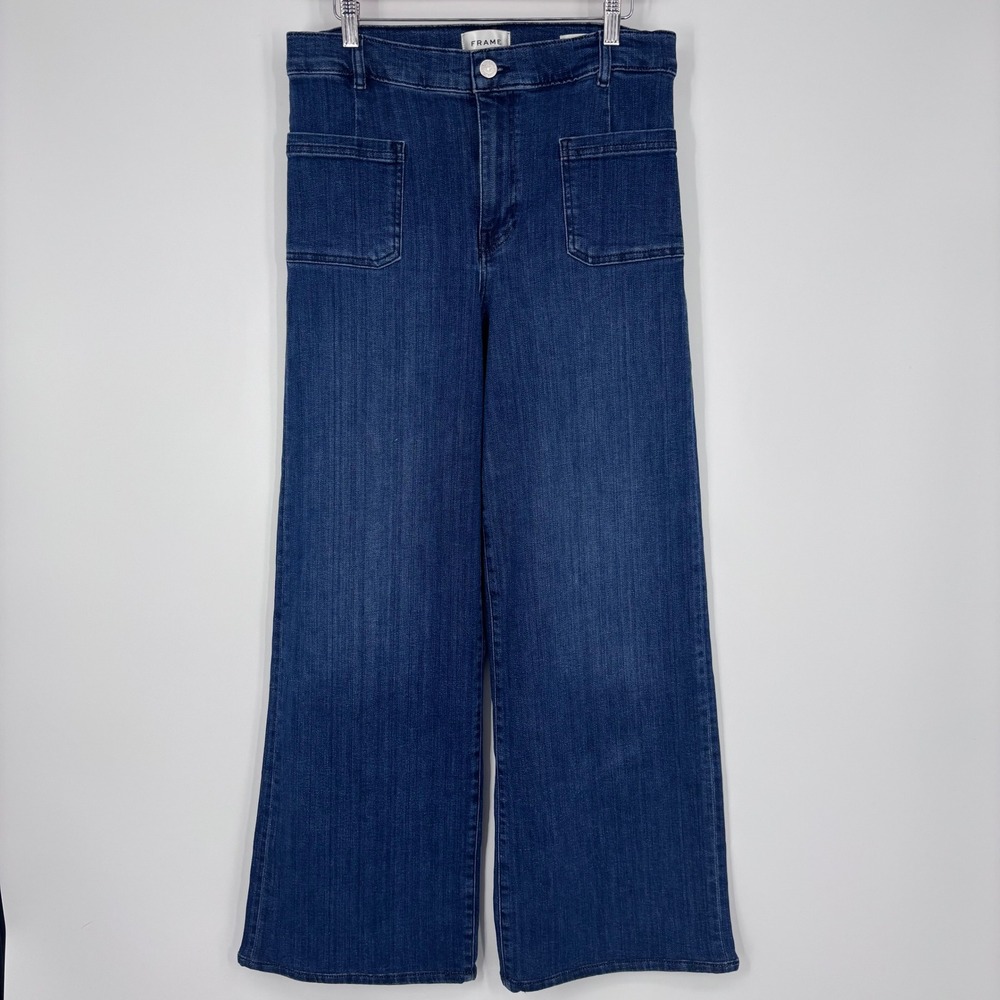 FRAME Le Slim Palazzo Jeans Womens 30 Blue Hi Rise Wide Leg Patch Pockets Denim